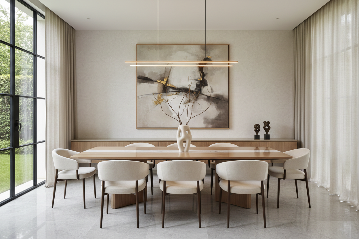 sufragerie de lux cu multe decoratiuni minimaliste 